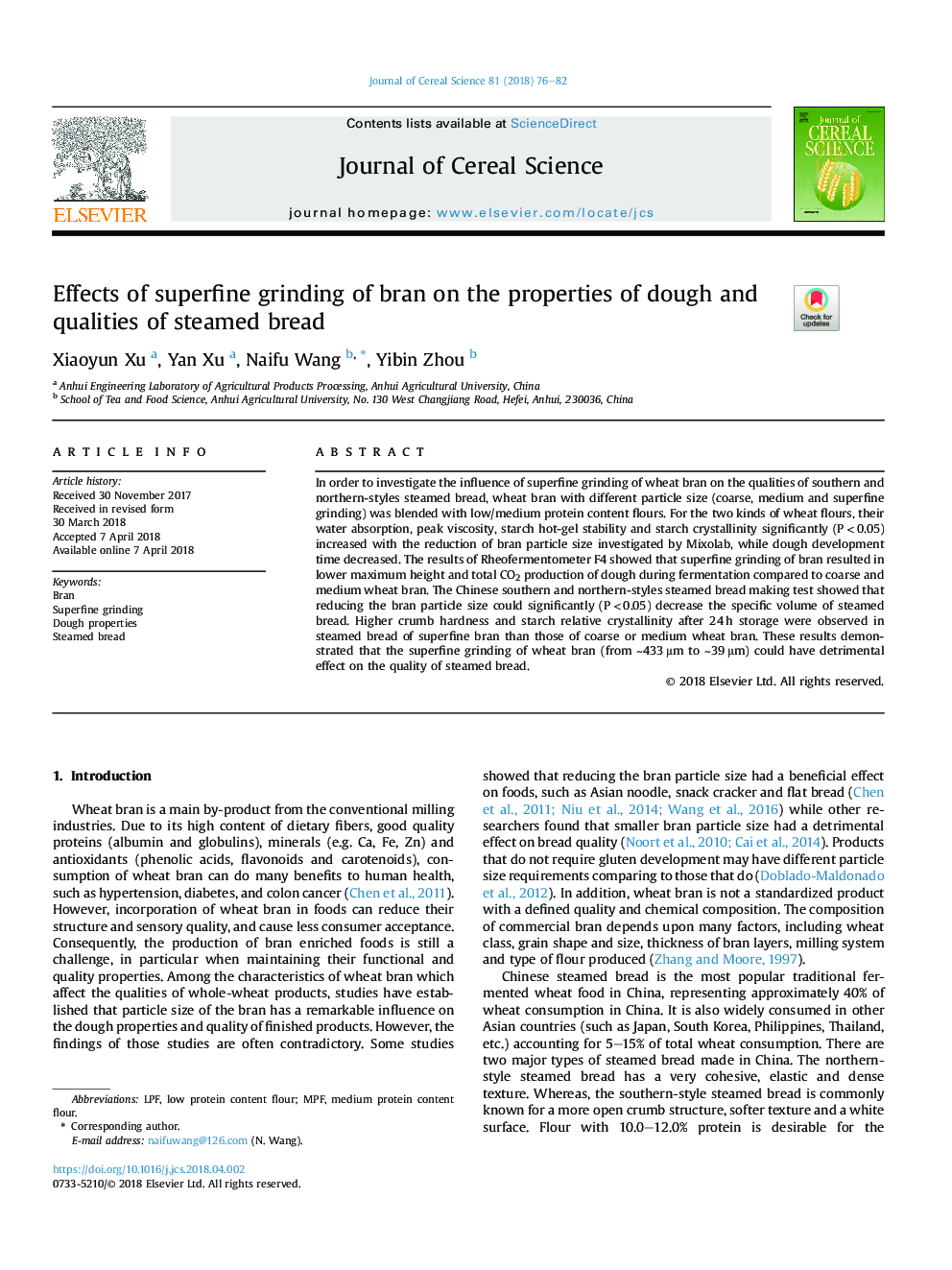 Effects of superfine grinding of bran on the properties of dough and qualities of steamed bread