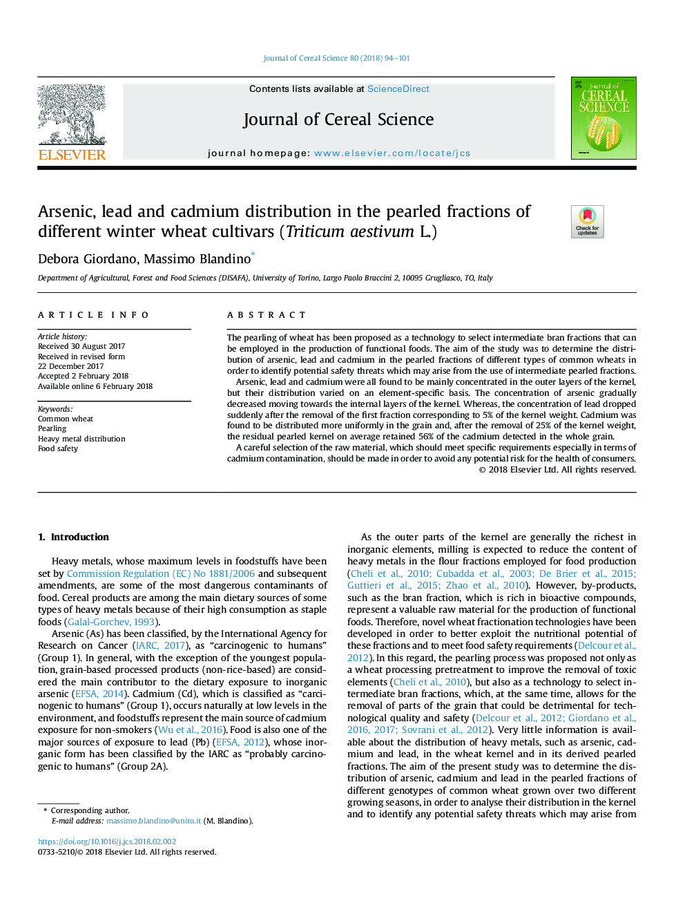 Arsenic, lead and cadmium distribution in the pearled fractions of different winter wheat cultivars (Triticum aestivum L.)