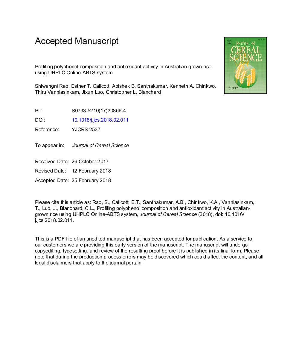 Profiling polyphenol composition and antioxidant activity in Australian-grown rice using UHPLC Online-ABTS system