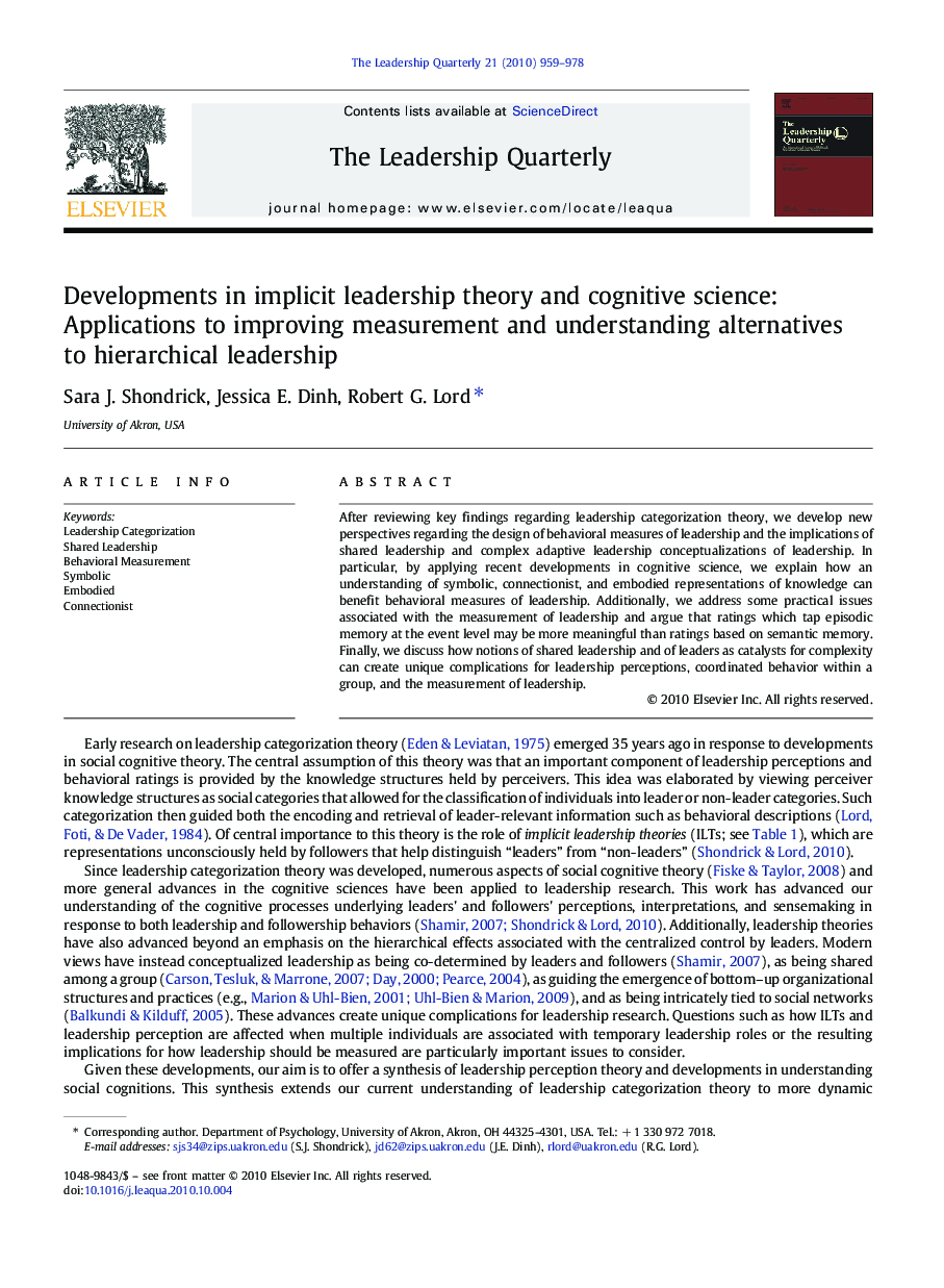 Developments in implicit leadership theory and cognitive science: Applications to improving measurement and understanding alternatives to hierarchical leadership