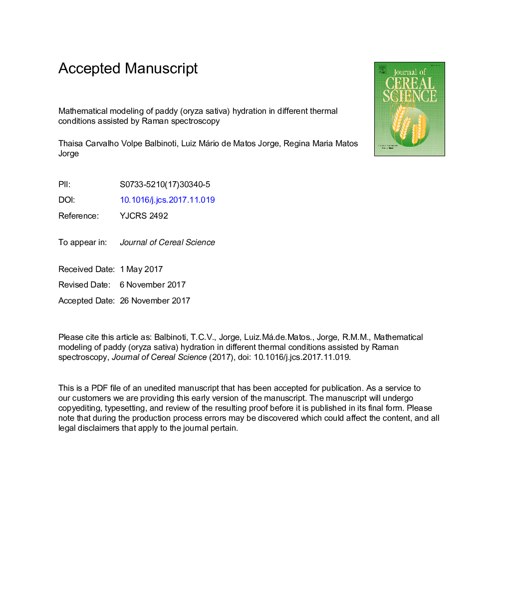 Mathematical modeling of paddy (Oryza sativa) hydration in different thermal conditions assisted by Raman spectroscopy