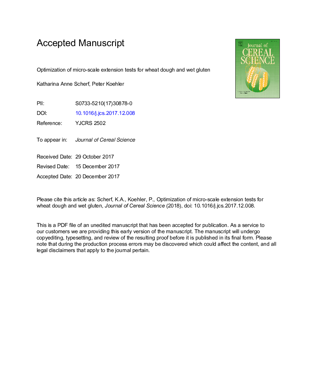 Optimization of micro-scale extension tests for wheat dough and wet gluten