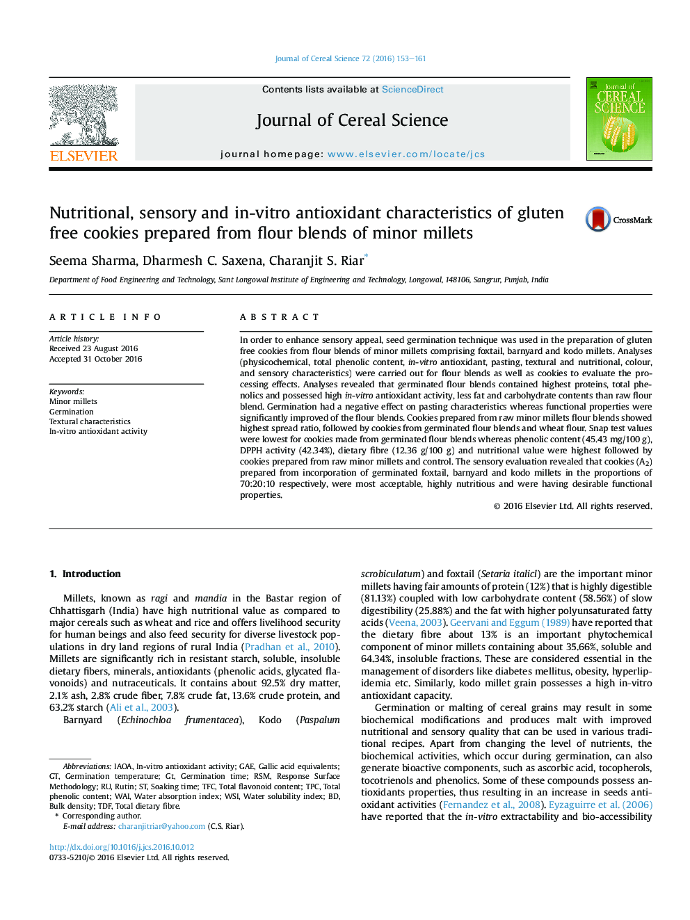 Nutritional, sensory and in-vitro antioxidant characteristics of gluten free cookies prepared from flour blends of minor millets