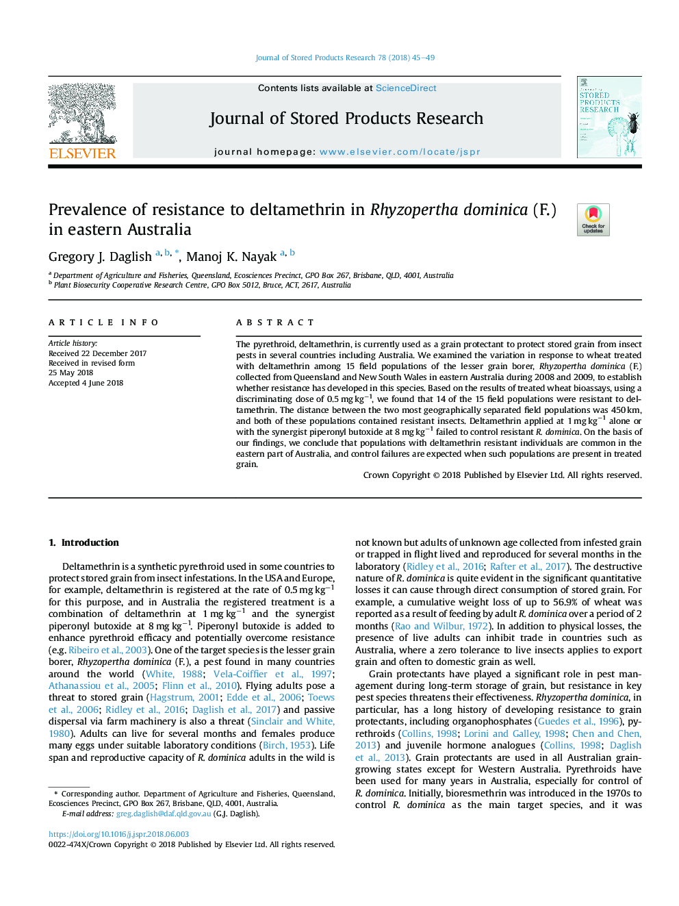 Prevalence of resistance to deltamethrin in Rhyzopertha dominica (F.) in eastern Australia
