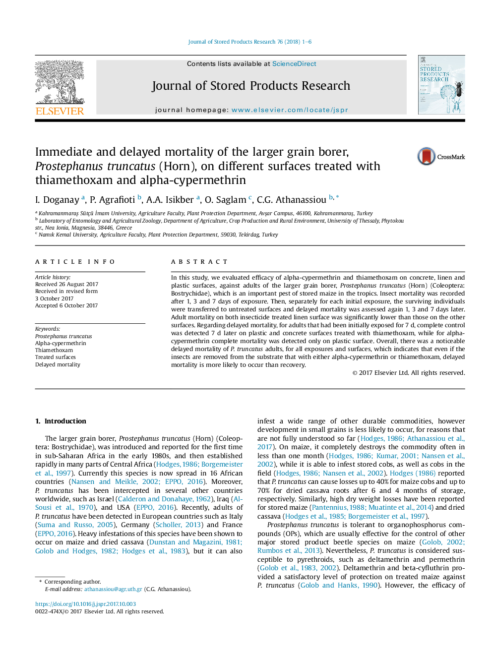 Immediate and delayed mortality of the larger grain borer, Prostephanus truncatus (Horn), on different surfaces treated with thiamethoxam and alpha-cypermethrin