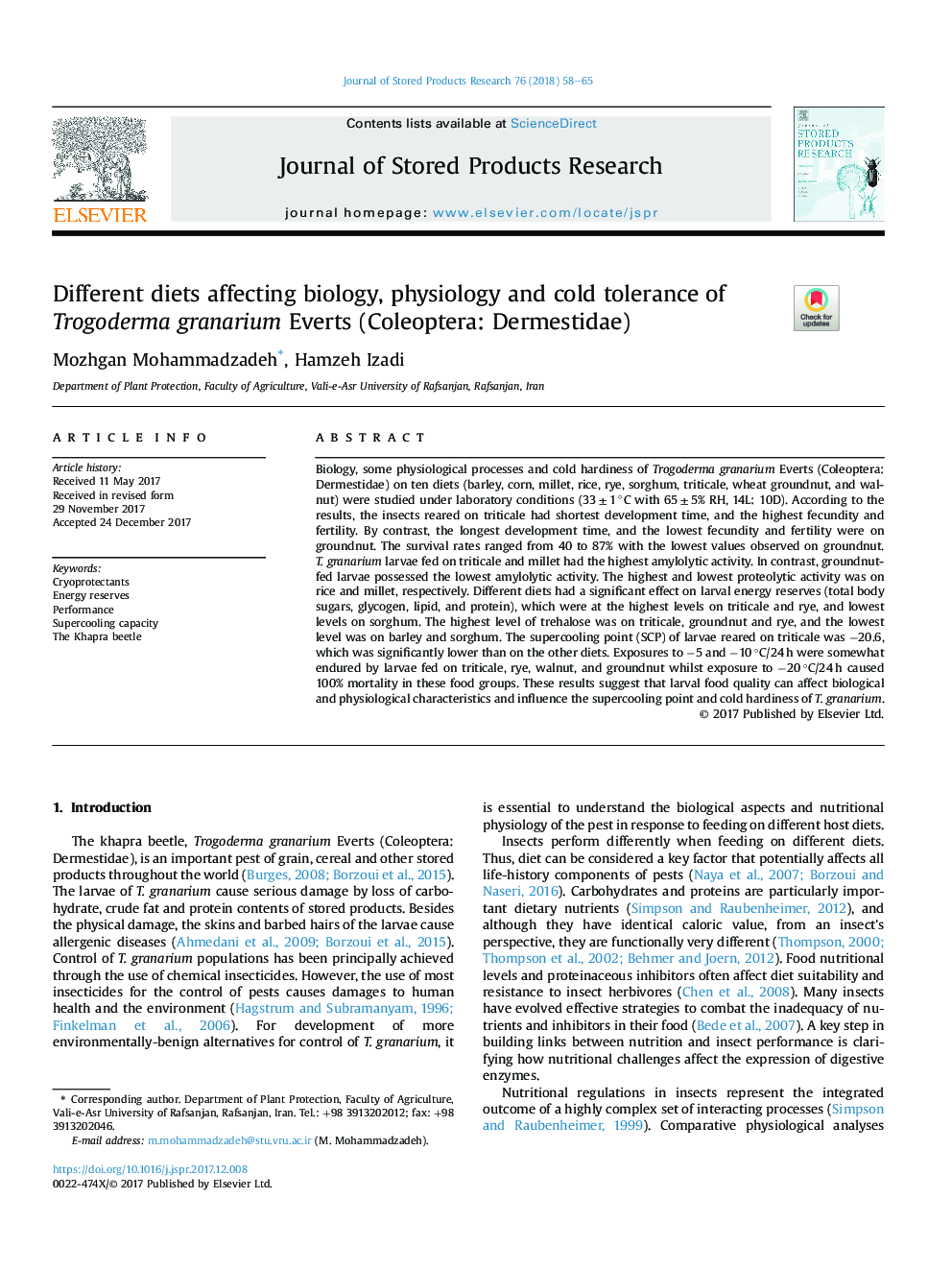 Different diets affecting biology, physiology and cold tolerance of Trogoderma granarium Everts (Coleoptera: Dermestidae)