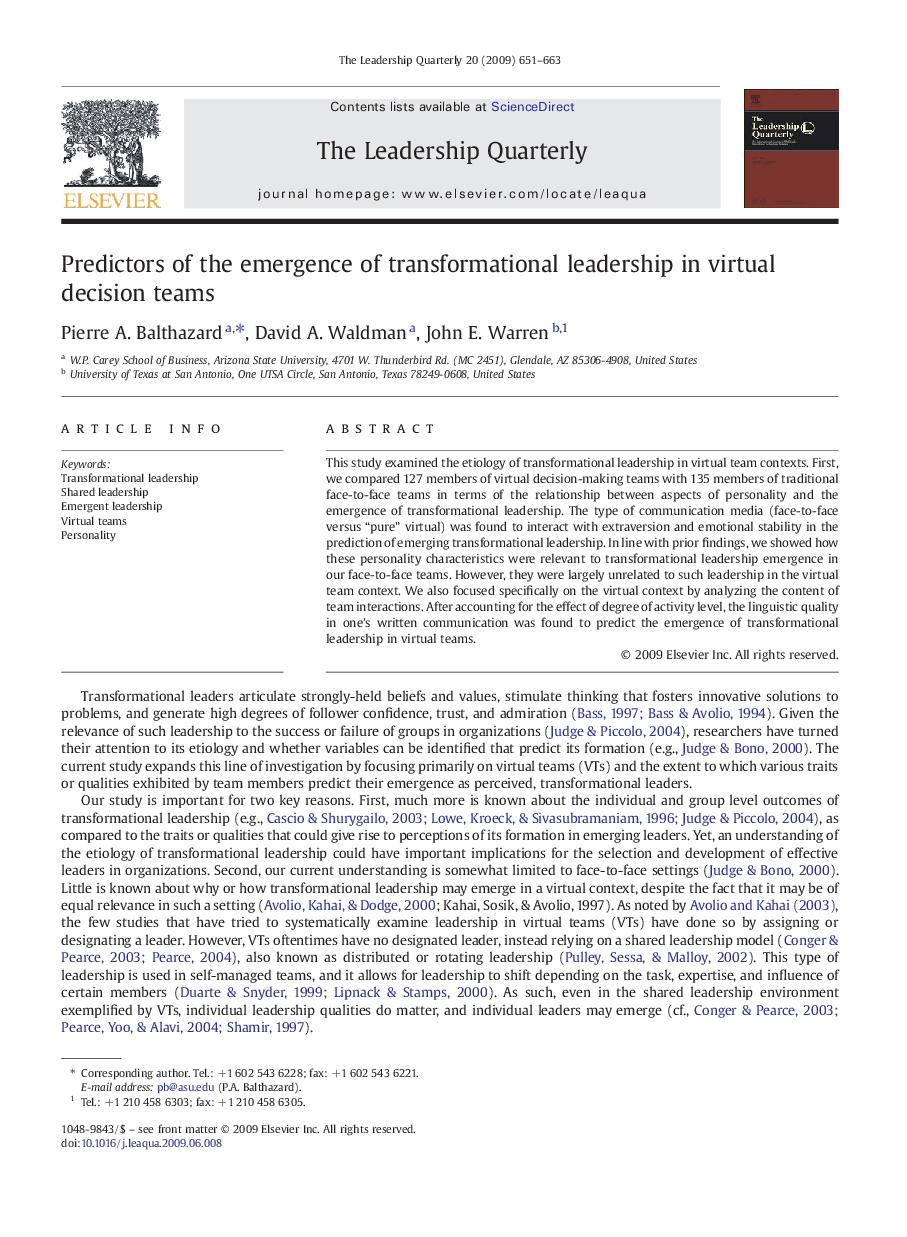 Predictors of the emergence of transformational leadership in virtual decision teams