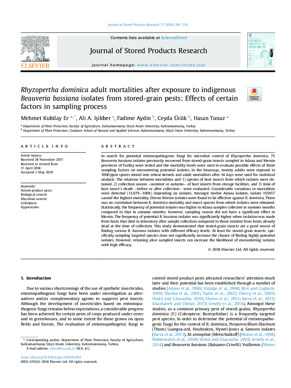 Rhyzopertha dominica adult mortalities after exposure to indigenous Beauveria bassiana isolates from stored-grain pests: Effects of certain factors in sampling process