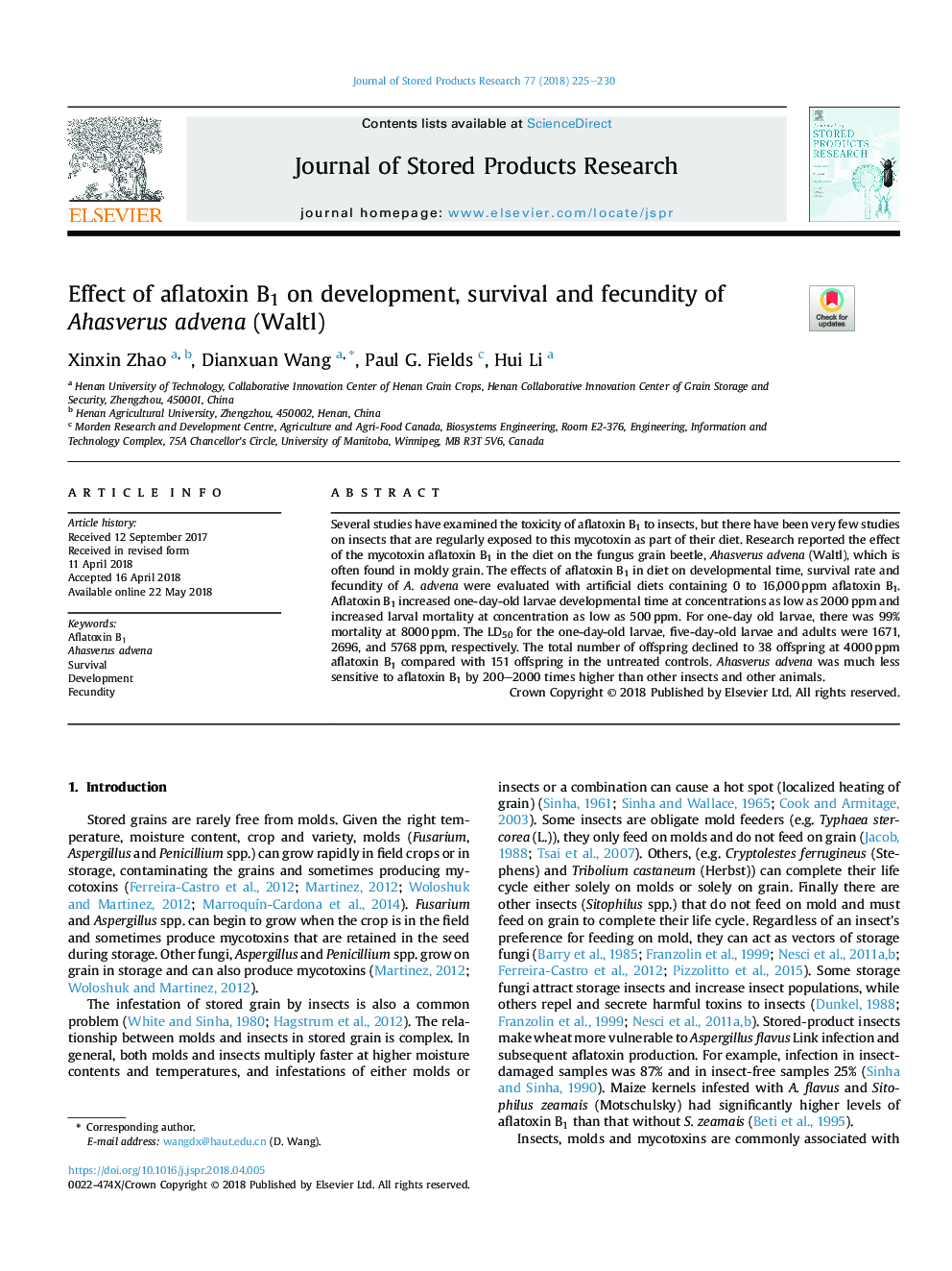 Effect of aflatoxin B1 on development, survival and fecundity of Ahasverus advena (Waltl)