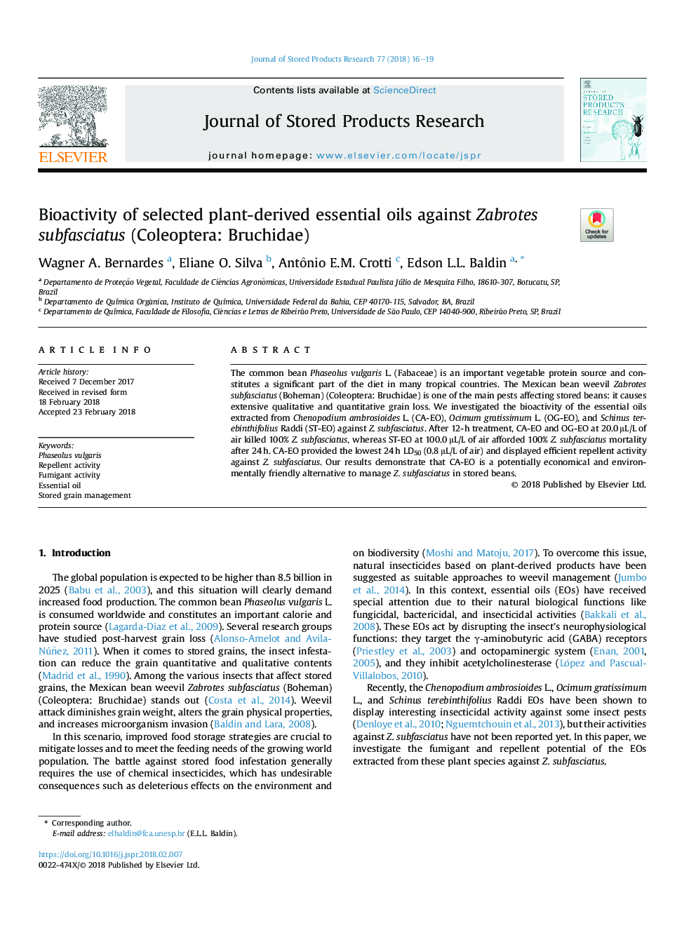 Bioactivity of selected plant-derived essential oils against Zabrotes subfasciatus (Coleoptera: Bruchidae)