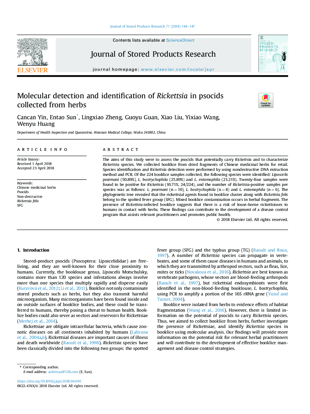 Molecular detection and identification of Rickettsia in psocids collected from herbs