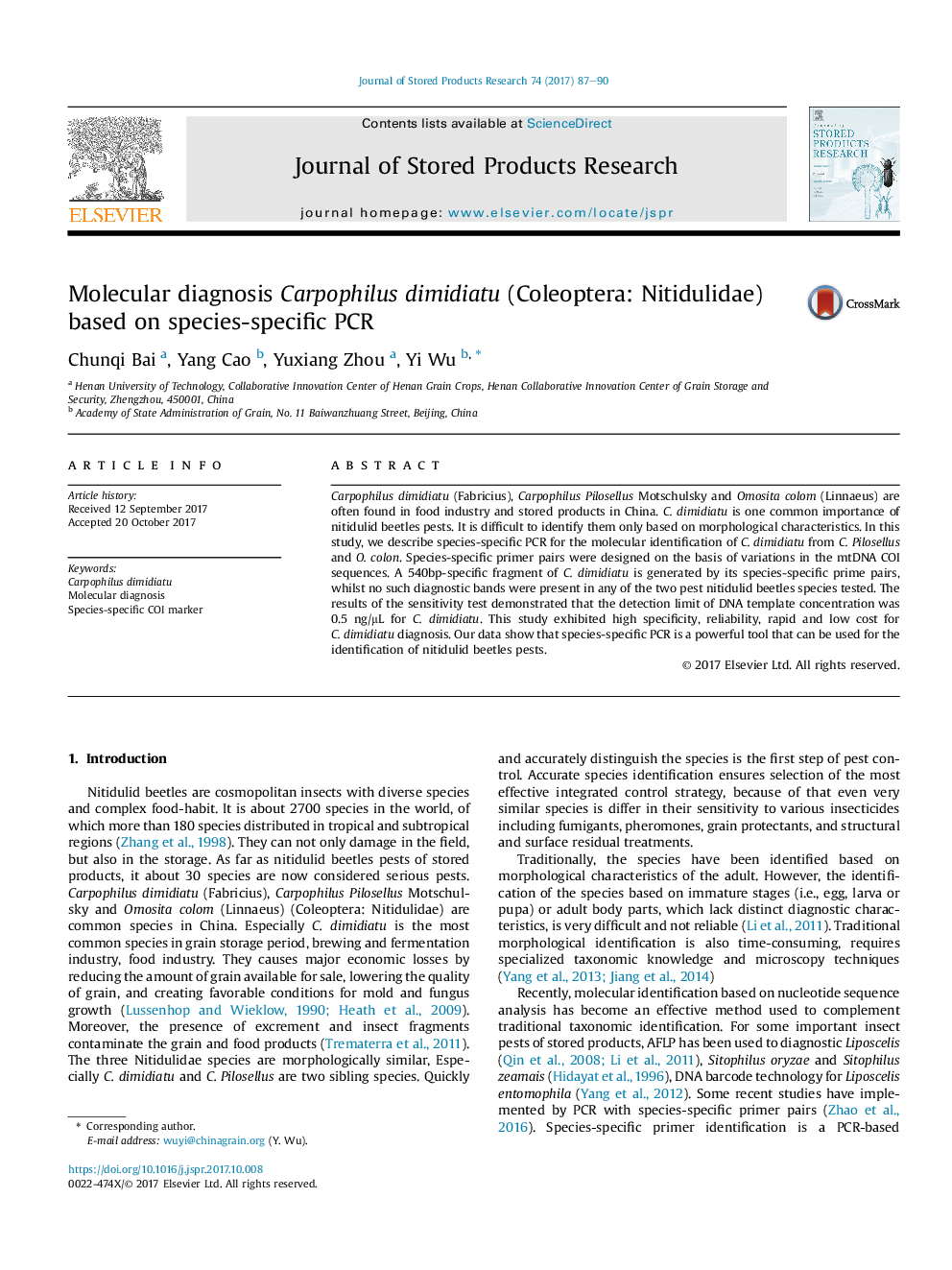 Molecular diagnosis Carpophilus dimidiatu (Coleoptera: Nitidulidae) based on species-specific PCR