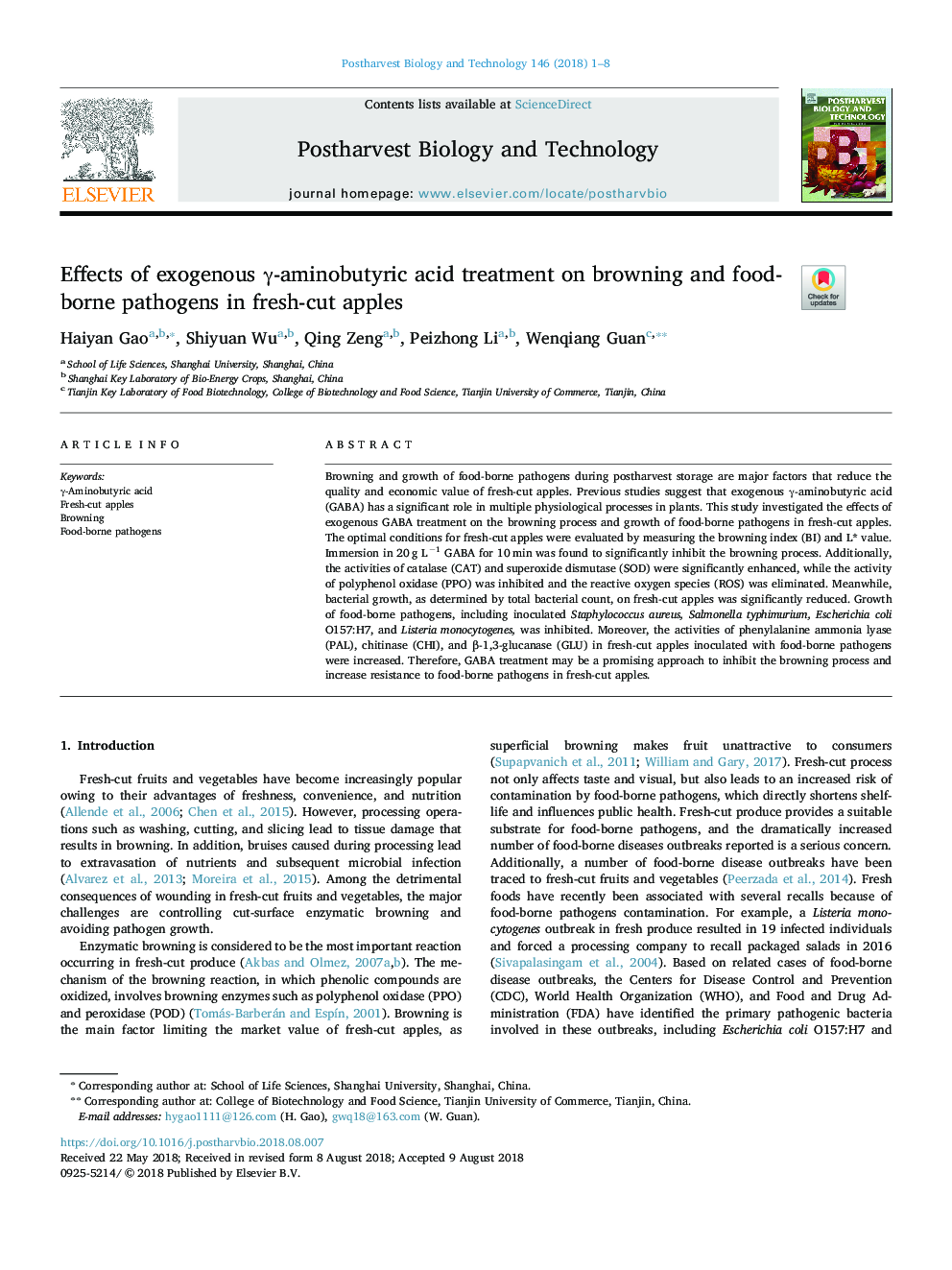 Effects of exogenous Î³-aminobutyric acid treatment on browning and food-borne pathogens in fresh-cut apples