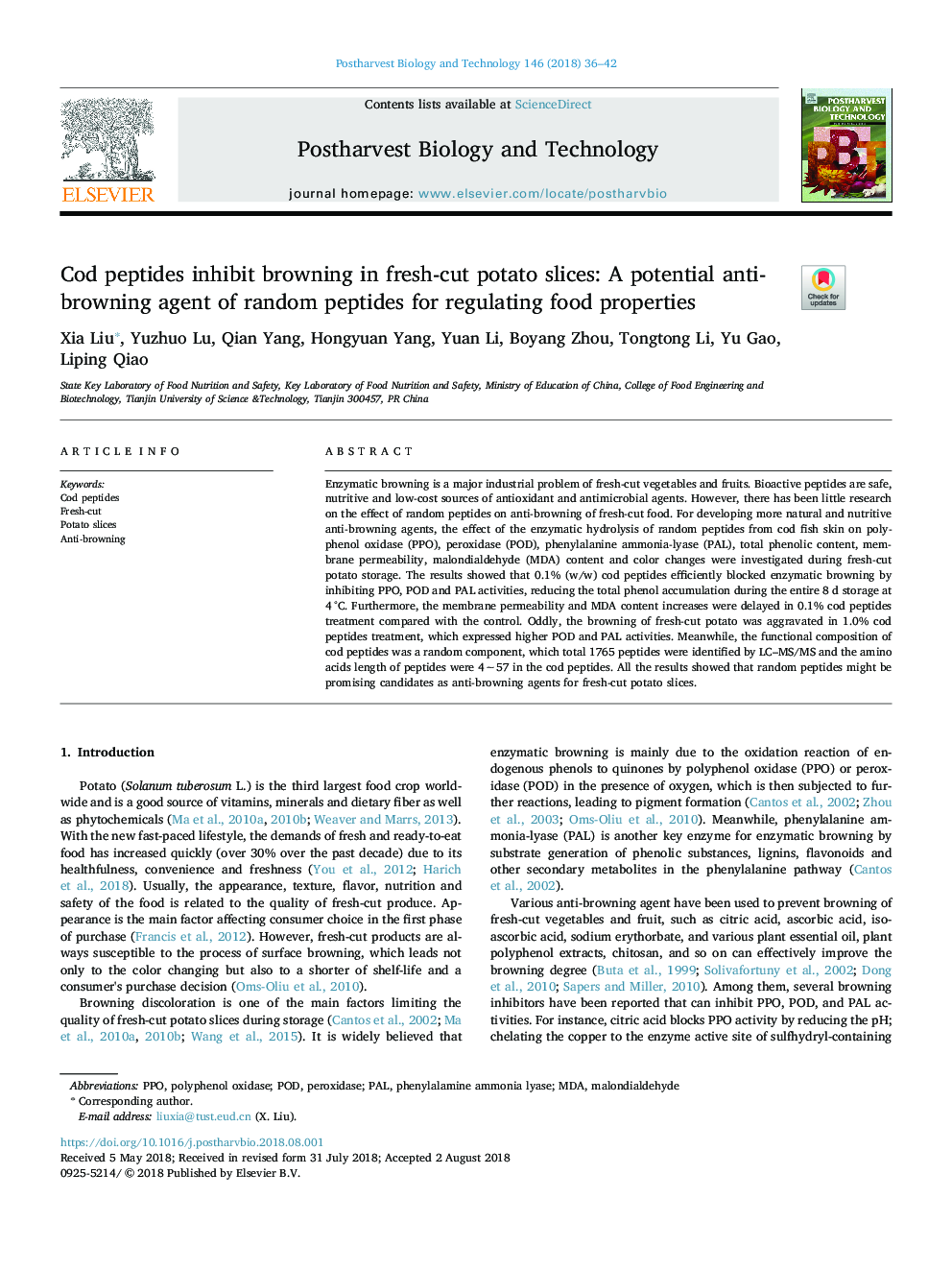 Cod peptides inhibit browning in fresh-cut potato slices: A potential anti-browning agent of random peptides for regulating food properties