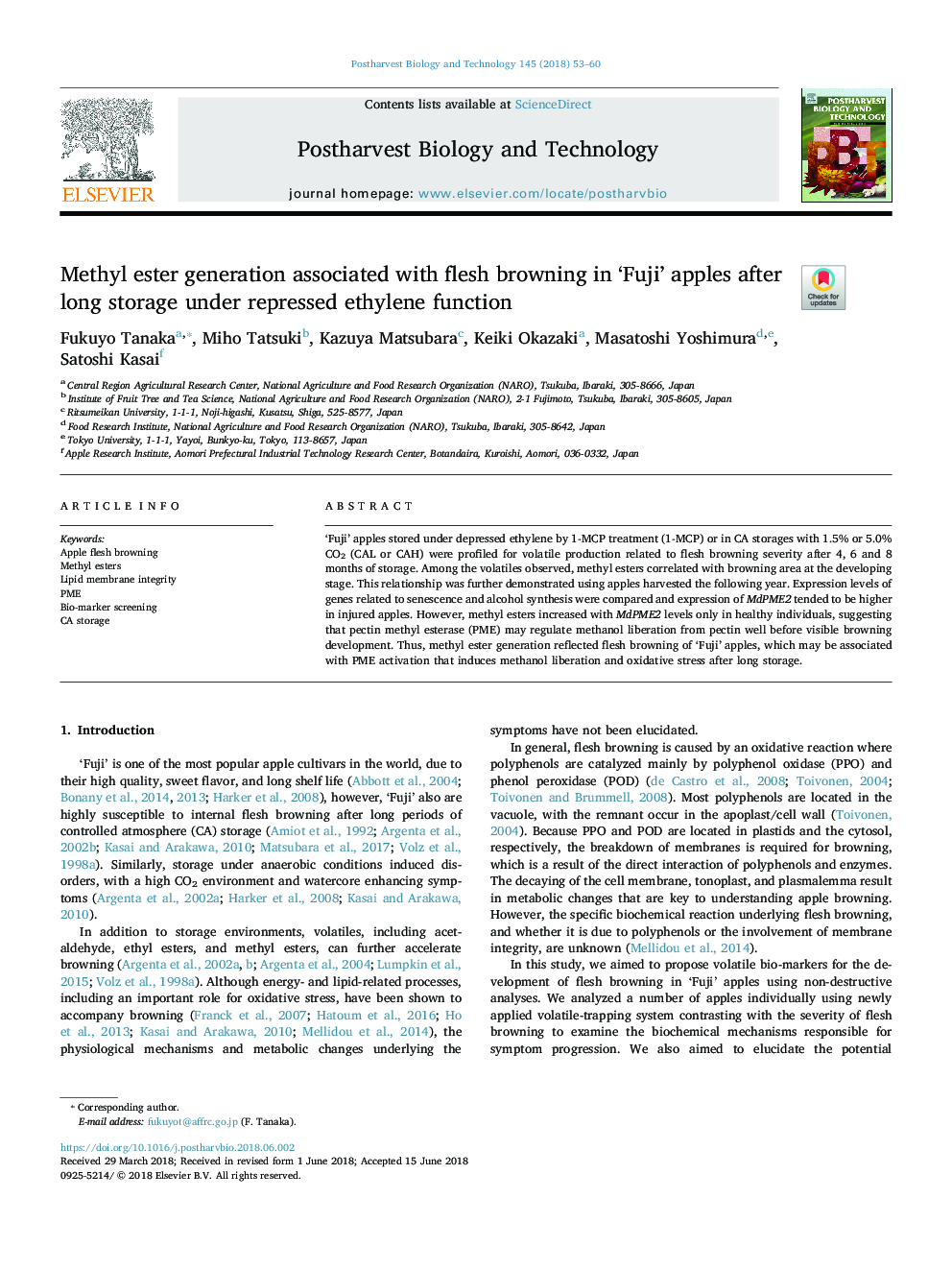 Methyl ester generation associated with flesh browning in 'Fuji' apples after long storage under repressed ethylene function