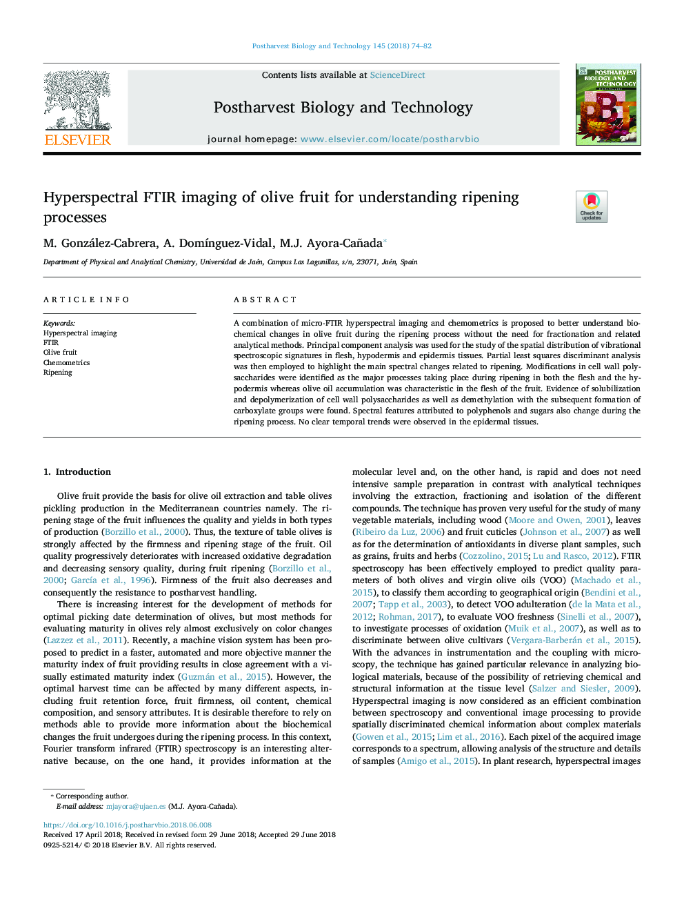 Hyperspectral FTIR imaging of olive fruit for understanding ripening processes