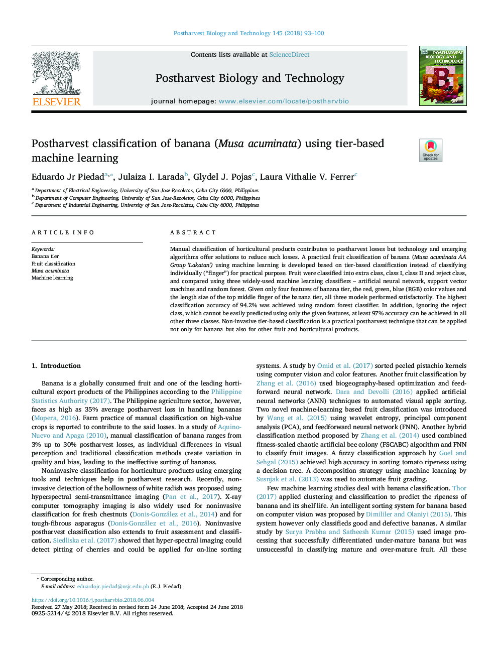 Postharvest classification of banana (Musa acuminata) using tier-based machine learning