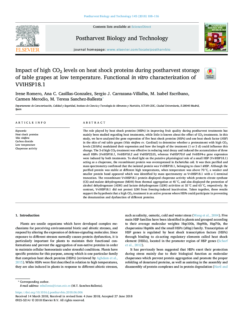 Impact of high CO2 levels on heat shock proteins during postharvest storage of table grapes at low temperature. Functional in vitro characterization of VVIHSP18.1