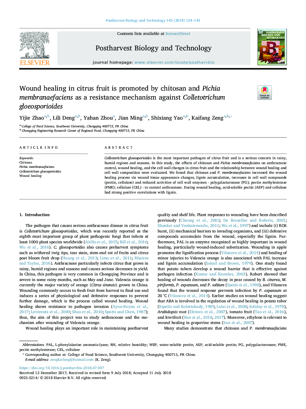 Wound healing in citrus fruit is promoted by chitosan and Pichia membranaefaciens as a resistance mechanism against Colletotrichum gloeosporioides