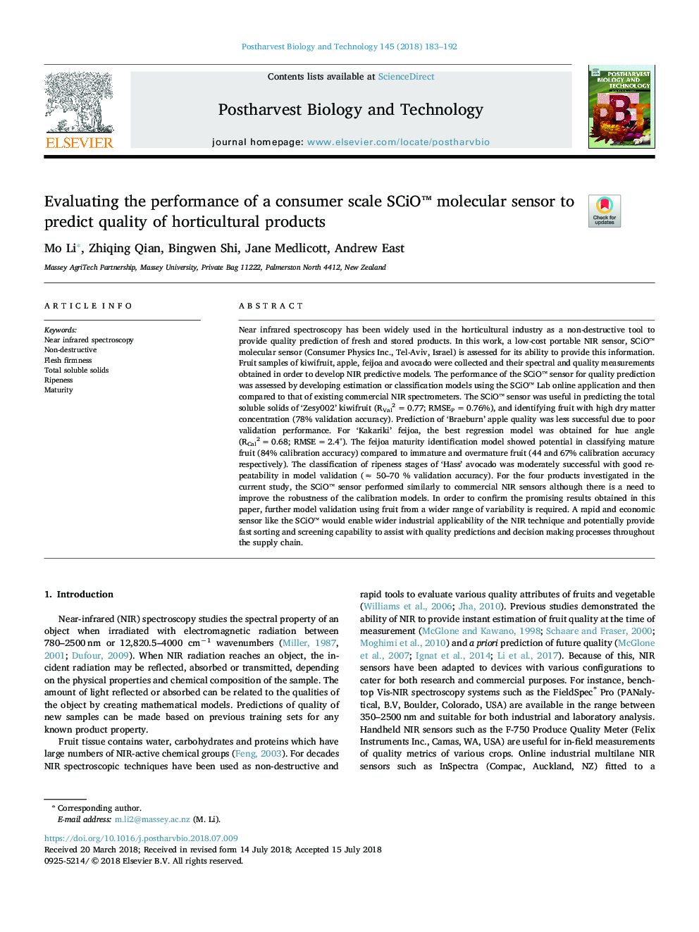 عکس صفحه اول مقاله: Evaluating the performance of a consumer scale SCiO⢠molecular sensor to predict quality of horticultural products Evaluating the performance of a consumer scale SCiO⢠molecular sensor to predict quality of horticultural products