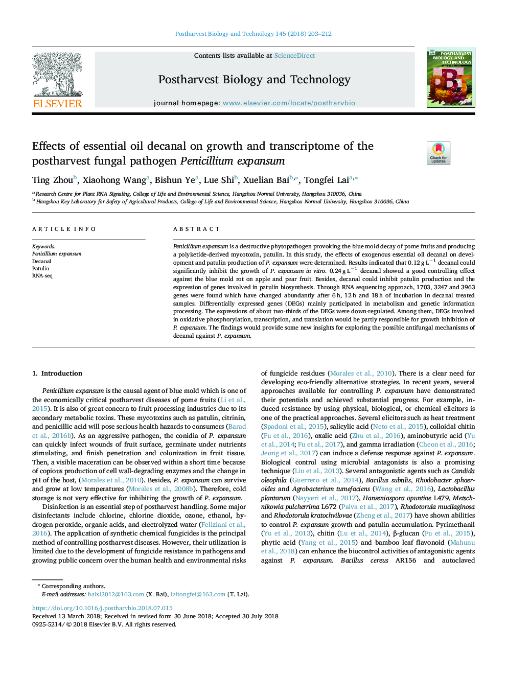 Effects of essential oil decanal on growth and transcriptome of the postharvest fungal pathogen Penicillium expansum