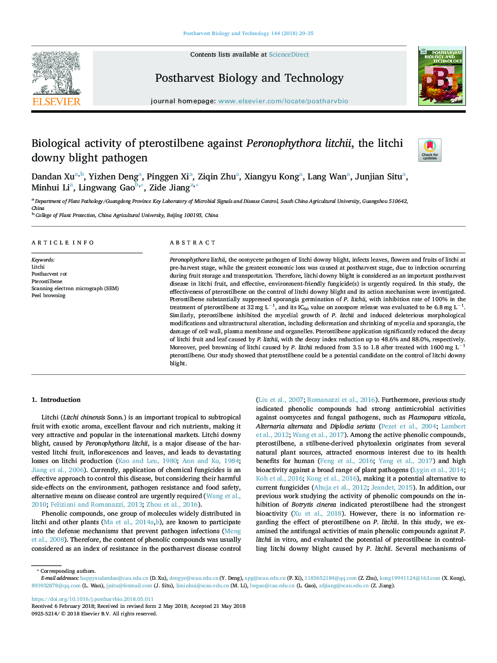 Biological activity of pterostilbene against Peronophythora litchii, the litchi downy blight pathogen