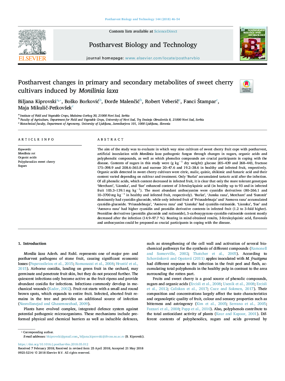 Postharvest changes in primary and secondary metabolites of sweet cherry cultivars induced by Monilinia laxa