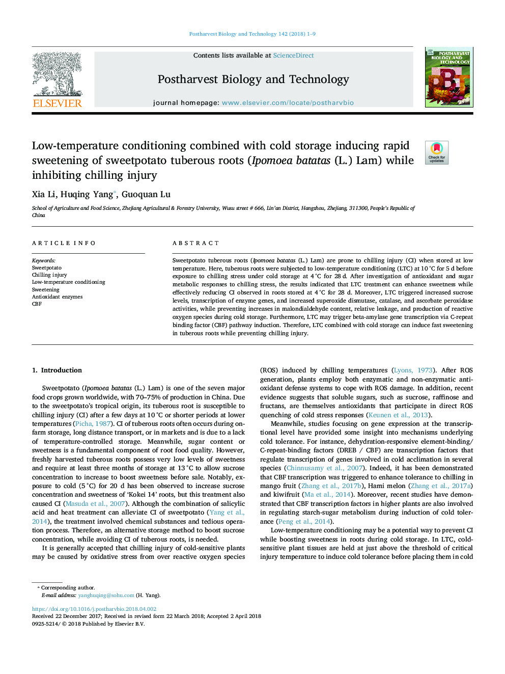 Low-temperature conditioning combined with cold storage inducing rapid sweetening of sweetpotato tuberous roots (Ipomoea batatas (L.) Lam) while inhibiting chilling injury