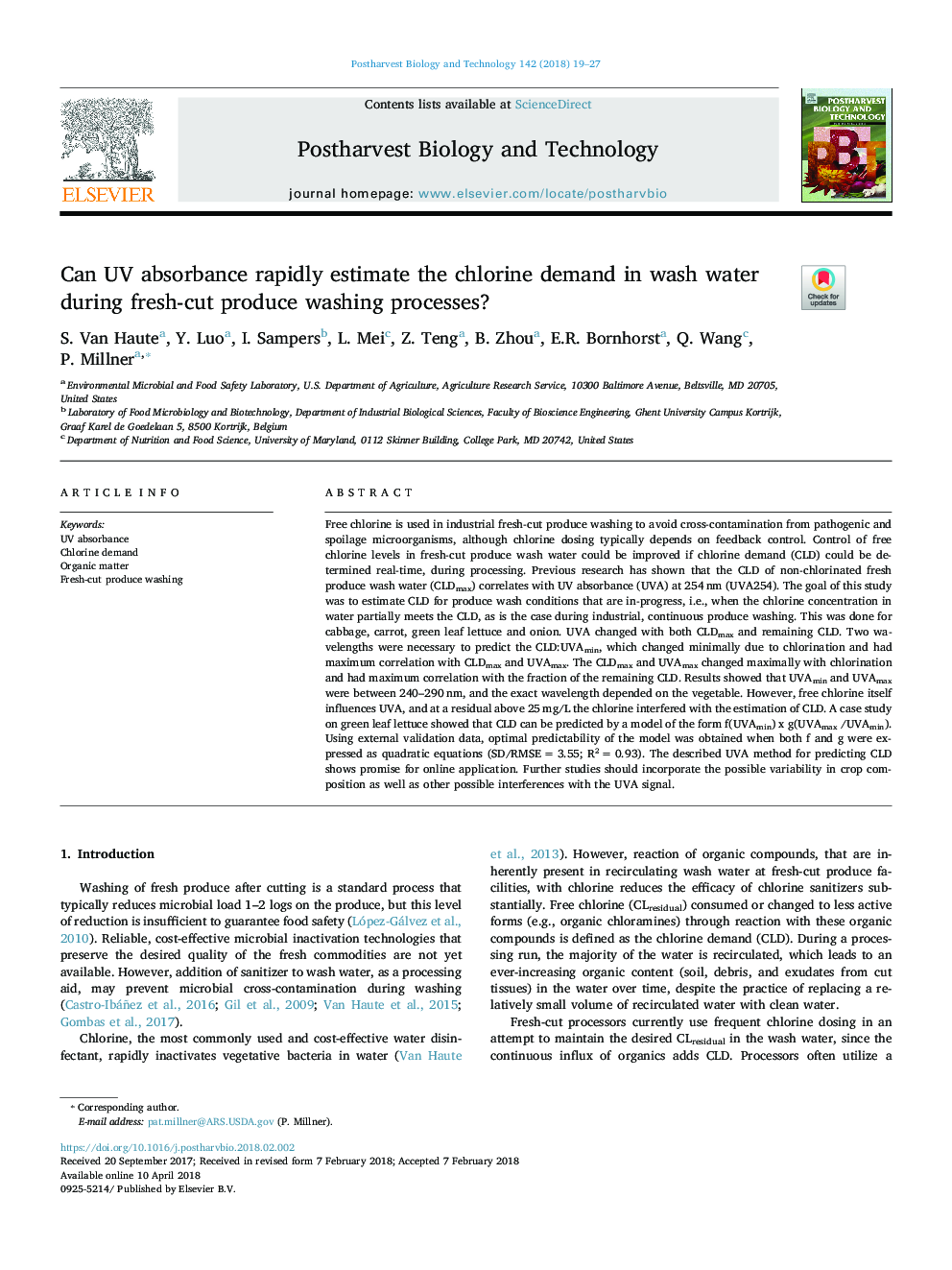 Can UV absorbance rapidly estimate the chlorine demand in wash water during fresh-cut produce washing processes?