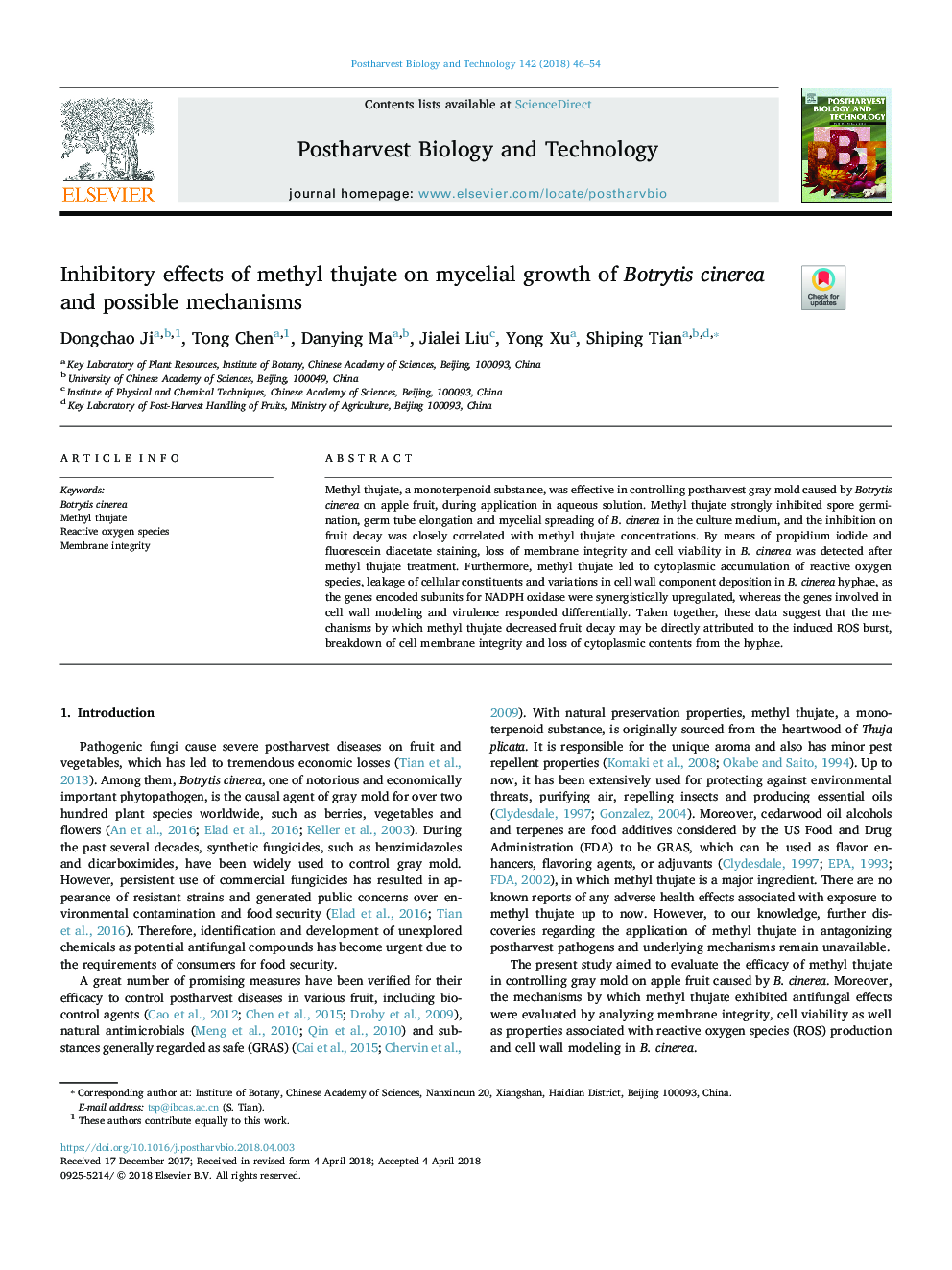 Inhibitory effects of methyl thujate on mycelial growth of Botrytis cinerea and possible mechanisms