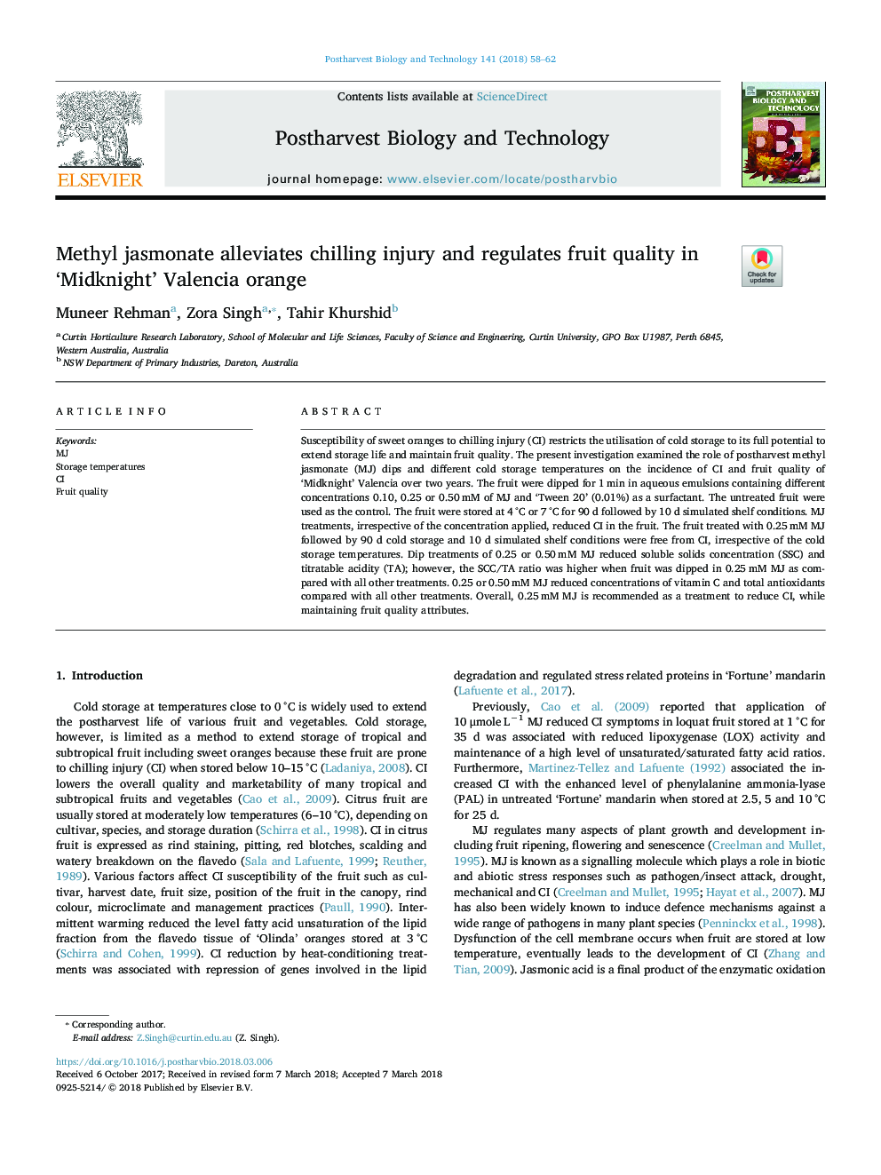 Methyl jasmonate alleviates chilling injury and regulates fruit quality in 'Midknight' Valencia orange