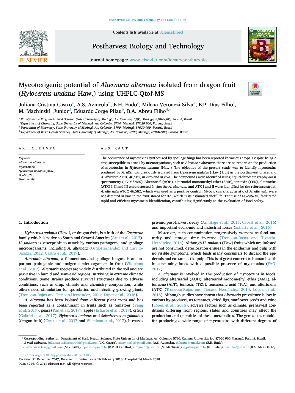 Mycotoxigenic potential of Alternaria alternata isolated from dragon fruit (Hylocereus undatus Haw.) using UHPLC-Qtof-MS