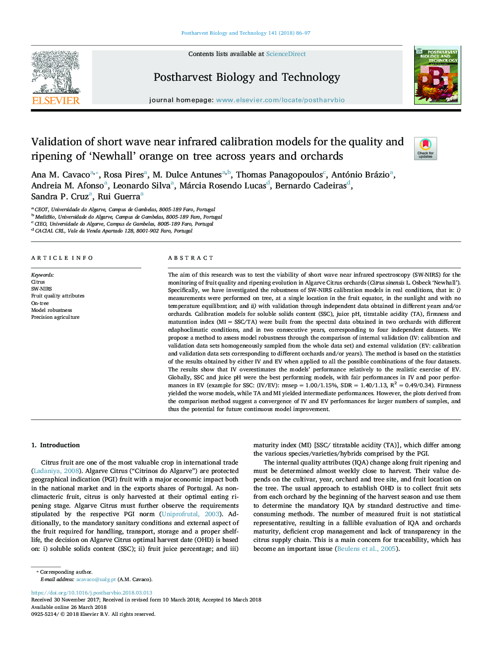 Validation of short wave near infrared calibration models for the quality and ripening of 'Newhall' orange on tree across years and orchards