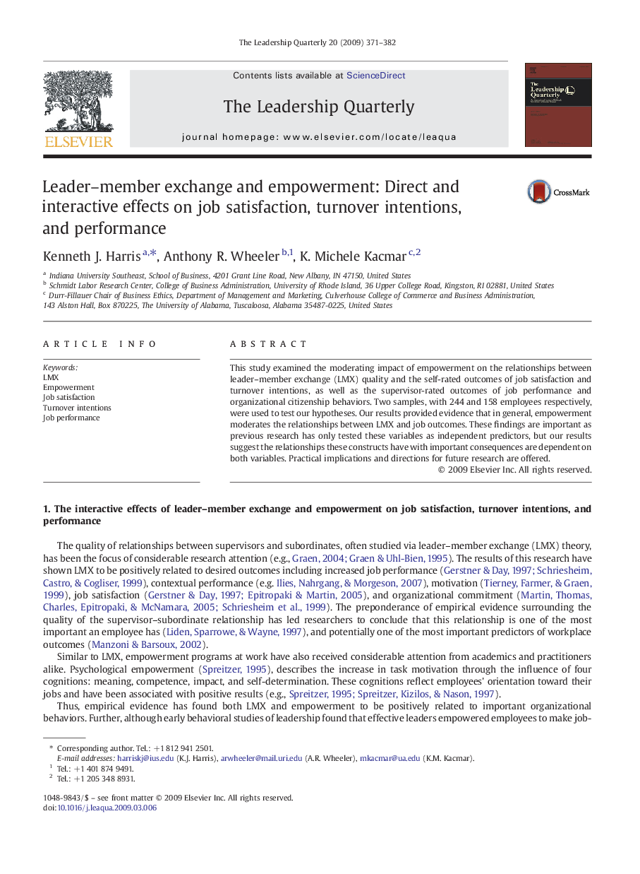 Leader–member exchange and empowerment: Direct and interactive effects on job satisfaction, turnover intentions, and performance