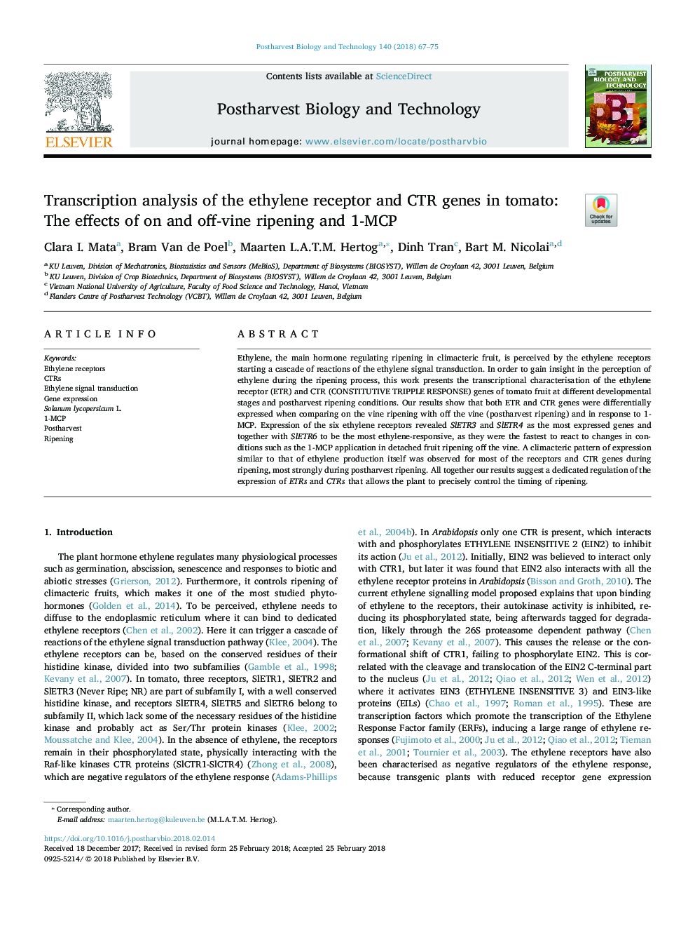 Transcription analysis of the ethylene receptor and CTR genes in tomato: The effects of on and off-vine ripening and 1-MCP