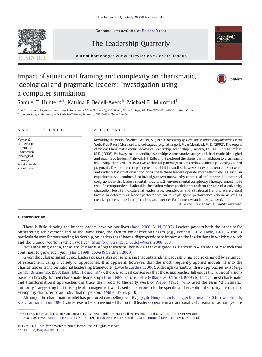 Impact of situational framing and complexity on charismatic, ideological and pragmatic leaders: Investigation using a computer simulation