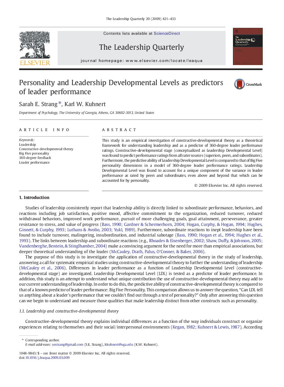 Personality and Leadership Developmental Levels as predictors of leader performance