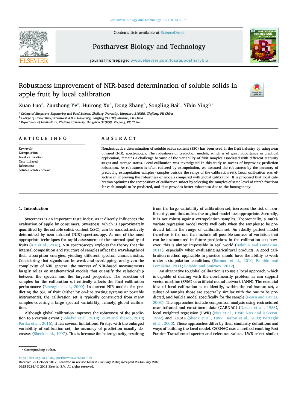 Robustness improvement of NIR-based determination of soluble solids in apple fruit by local calibration