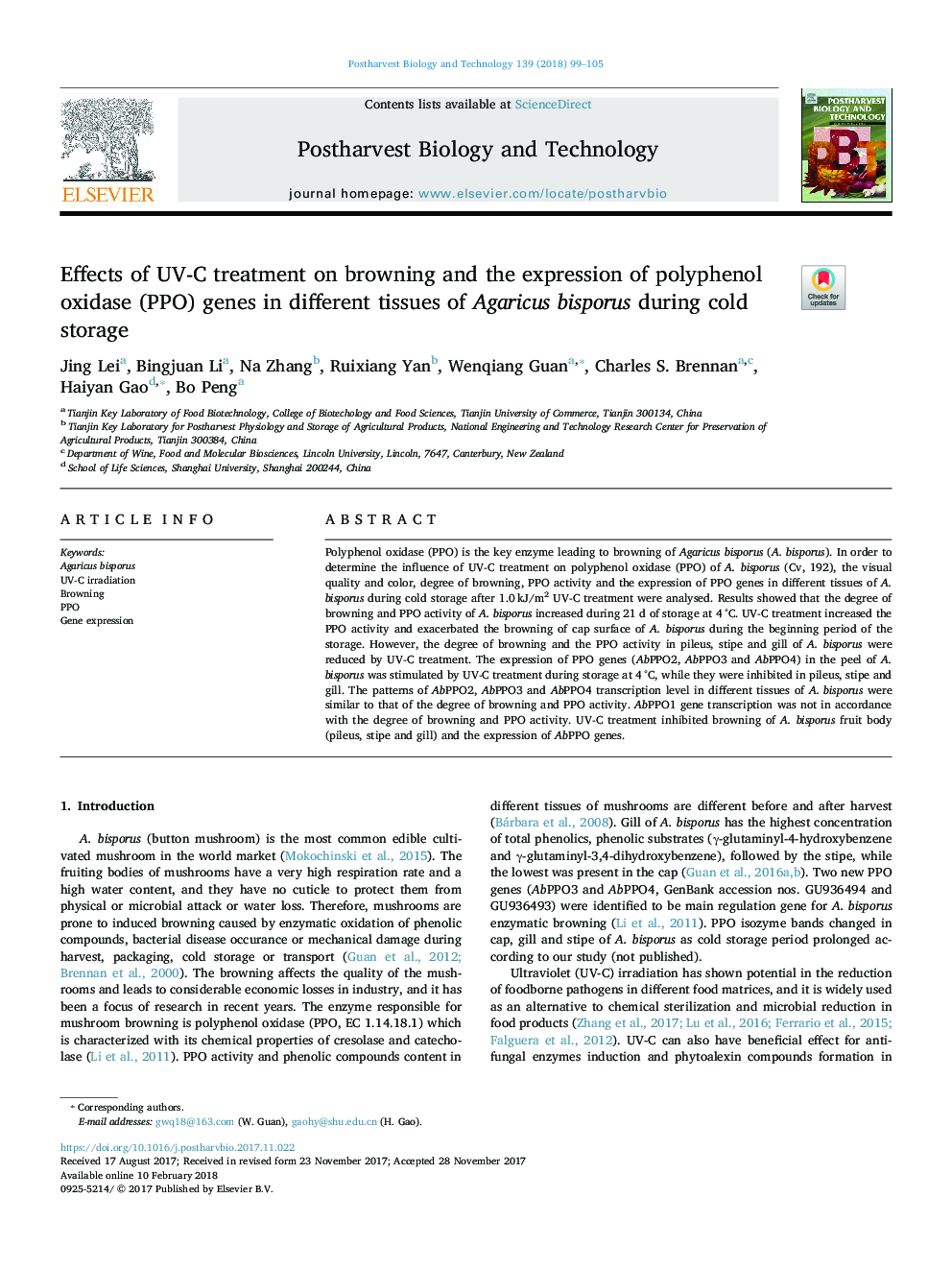 Effects of UV-C treatment on browning and the expression of polyphenol oxidase (PPO) genes in different tissues of Agaricus bisporus during cold storage