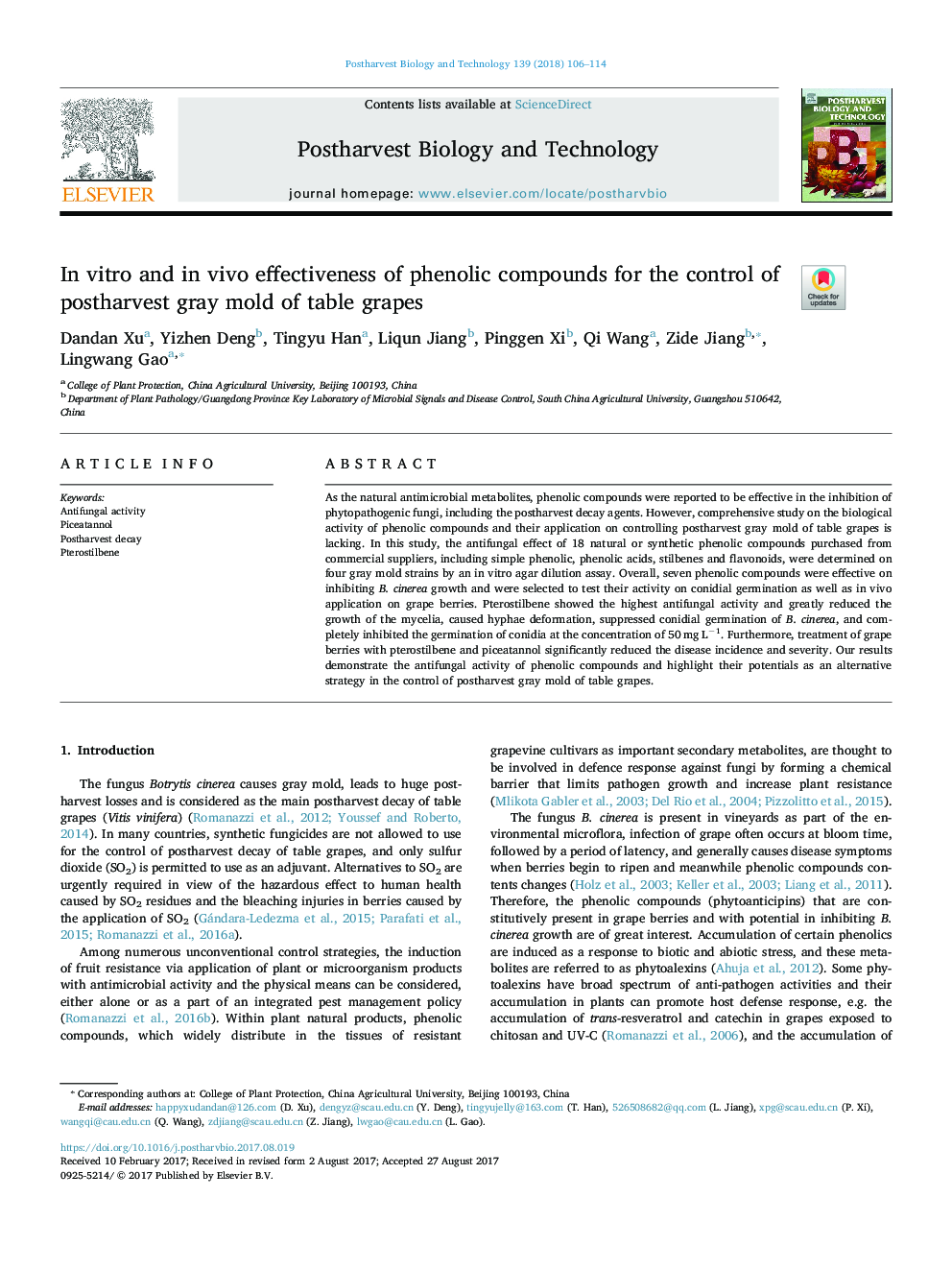 In vitro and in vivo effectiveness of phenolic compounds for the control of postharvest gray mold of table grapes