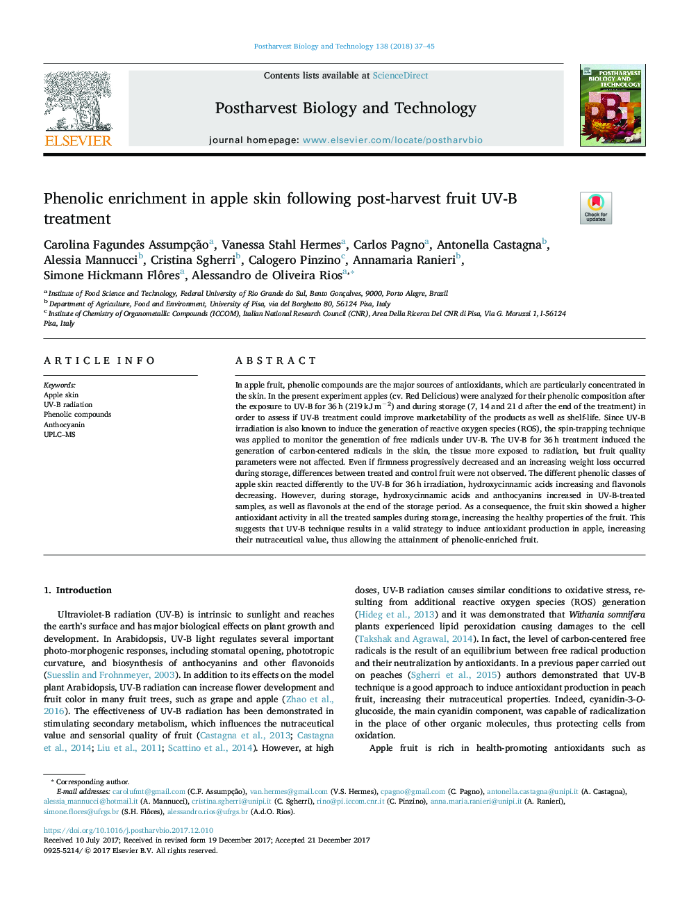 Phenolic enrichment in apple skin following post-harvest fruit UV-B treatment