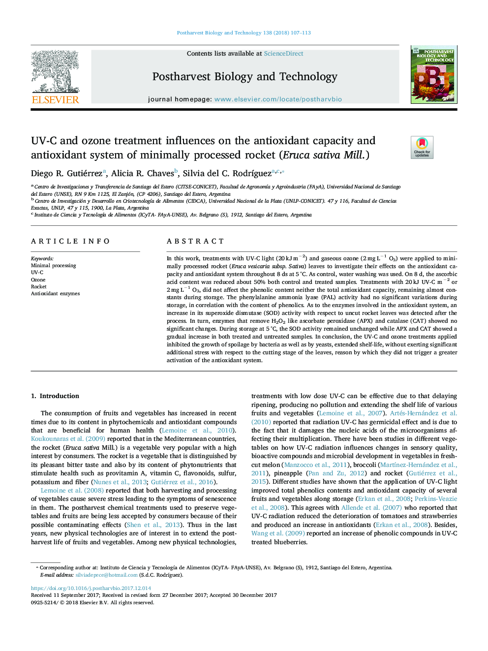 UV-C and ozone treatment influences on the antioxidant capacity and antioxidant system of minimally processed rocket (Eruca sativa Mill.)