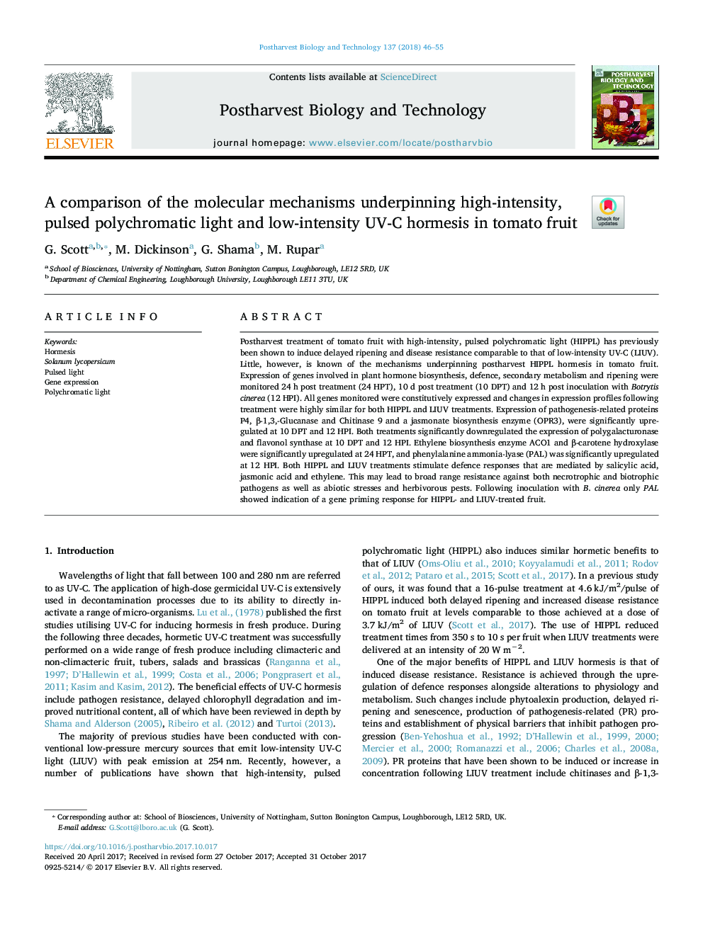 A comparison of the molecular mechanisms underpinning high-intensity, pulsed polychromatic light and low-intensity UV-C hormesis in tomato fruit