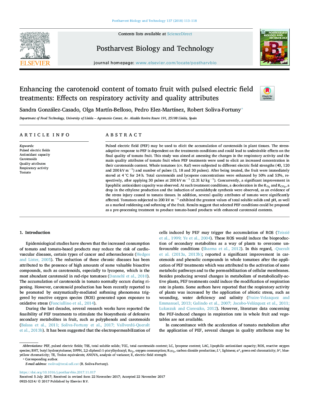 Enhancing the carotenoid content of tomato fruit with pulsed electric field treatments: Effects on respiratory activity and quality attributes