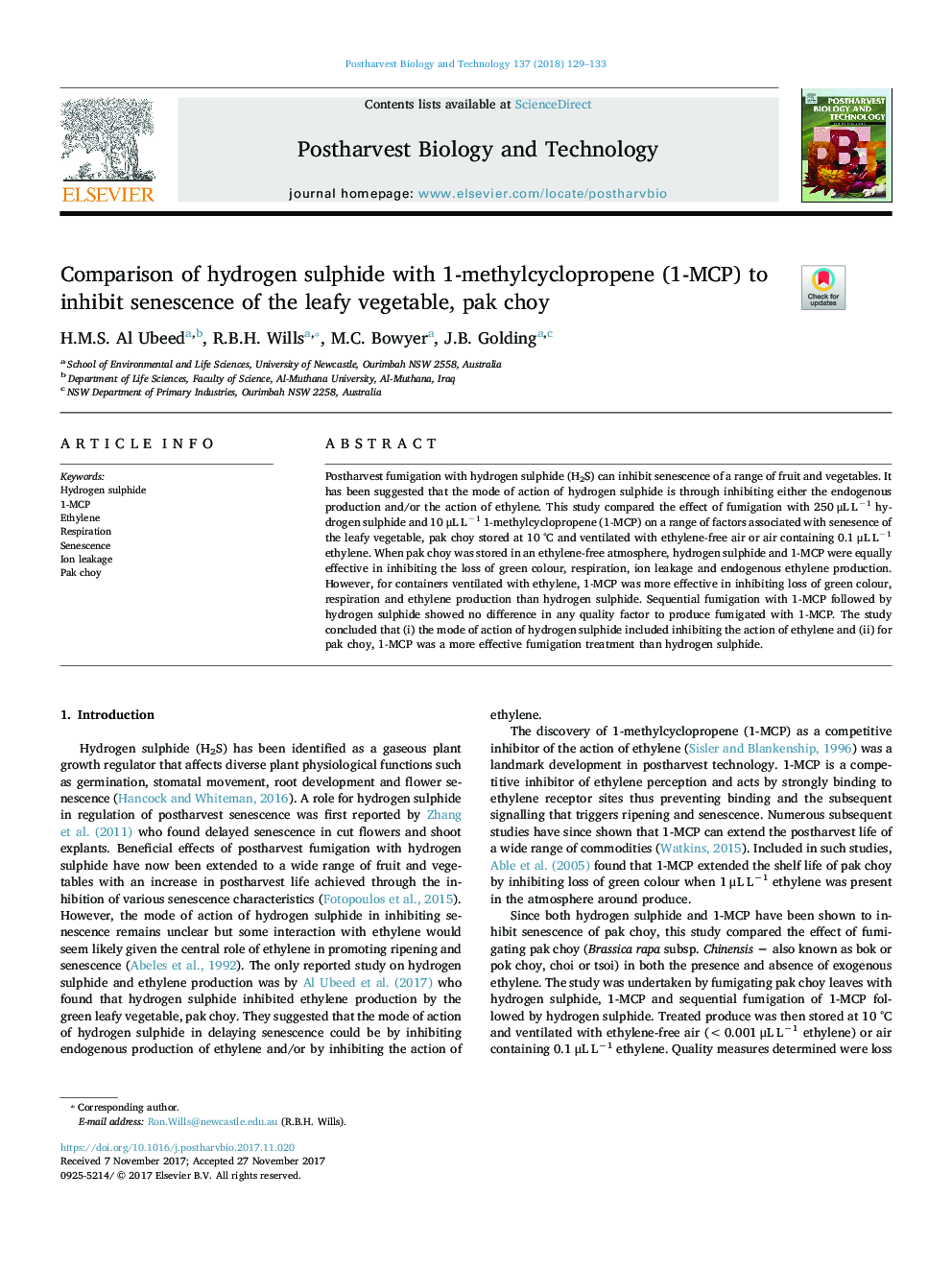 Comparison of hydrogen sulphide with 1-methylcyclopropene (1-MCP) to inhibit senescence of the leafy vegetable, pak choy