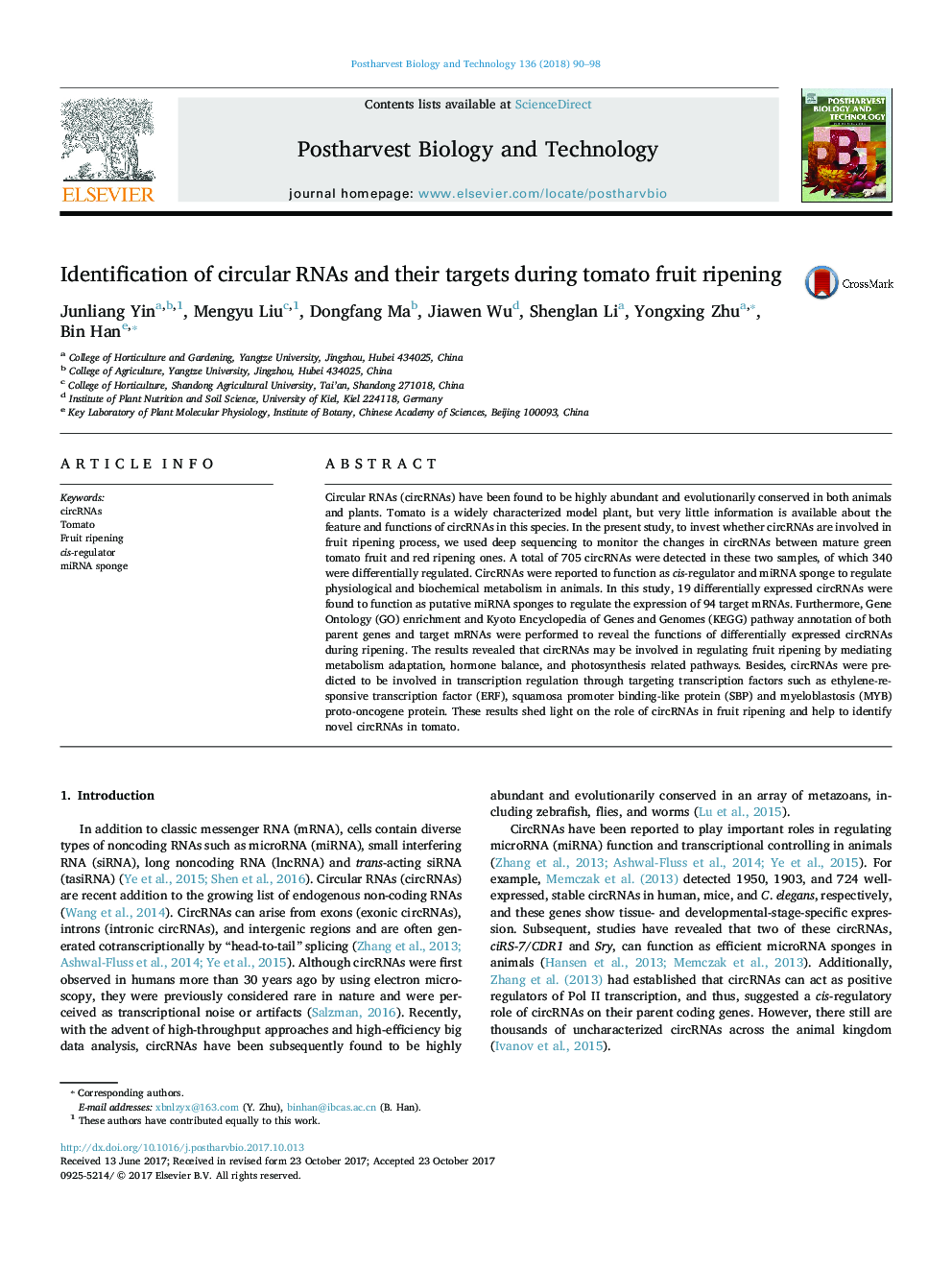 Identification of circular RNAs and their targets during tomato fruit ripening