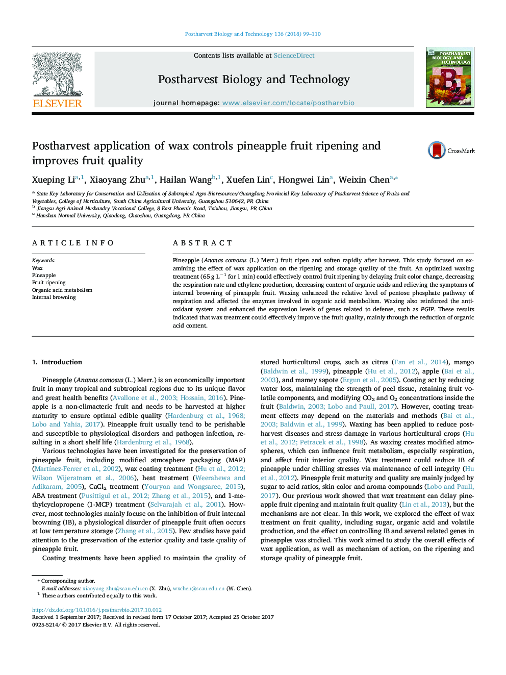 Postharvest application of wax controls pineapple fruit ripening and improves fruit quality