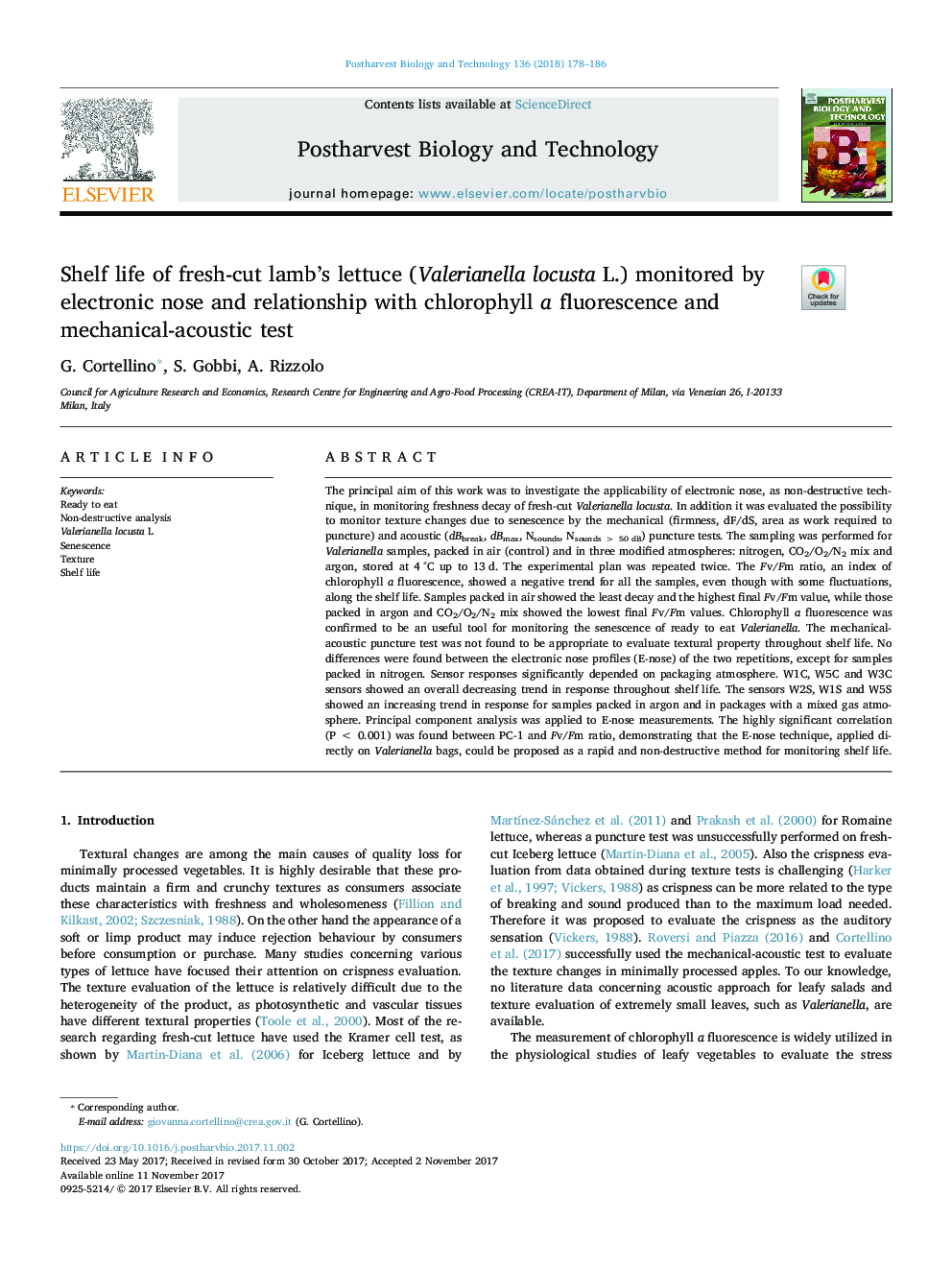 Shelf life of fresh-cut lamb's lettuce (Valerianella locusta L.) monitored by electronic nose and relationship with chlorophyll a fluorescence and mechanical-acoustic test