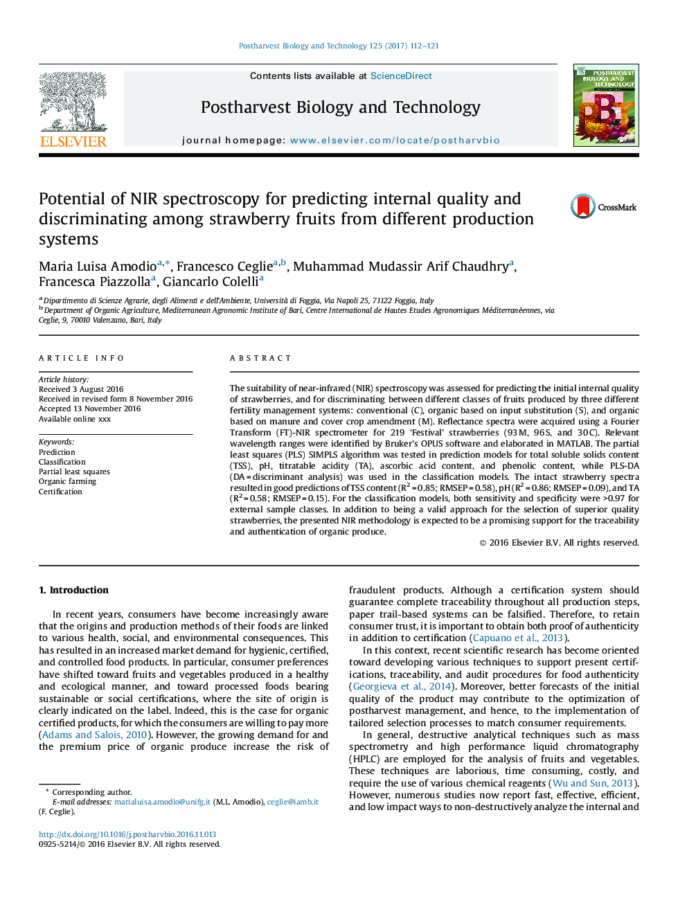 Potential of NIR spectroscopy for predicting internal quality and discriminating among strawberry fruits from different production systems