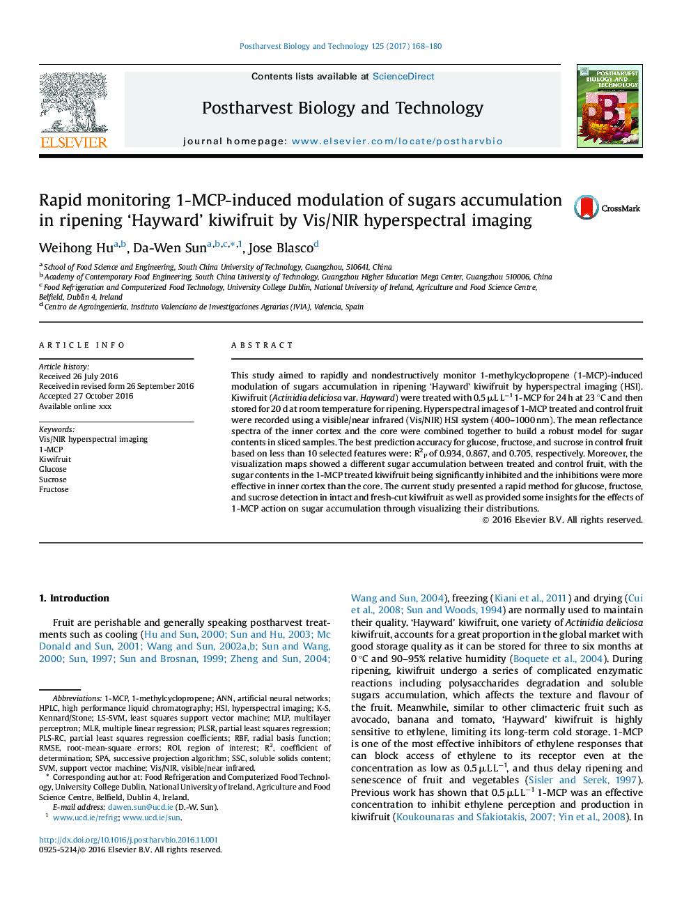 Rapid monitoring 1-MCP-induced modulation of sugars accumulation in ripening 'Hayward' kiwifruit by Vis/NIR hyperspectral imaging